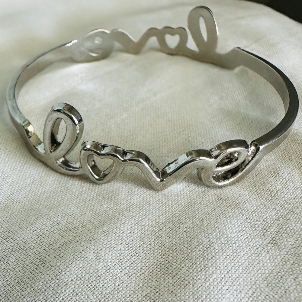 Vintage Silver Tone Love Script Bangle Bracelet - image 2